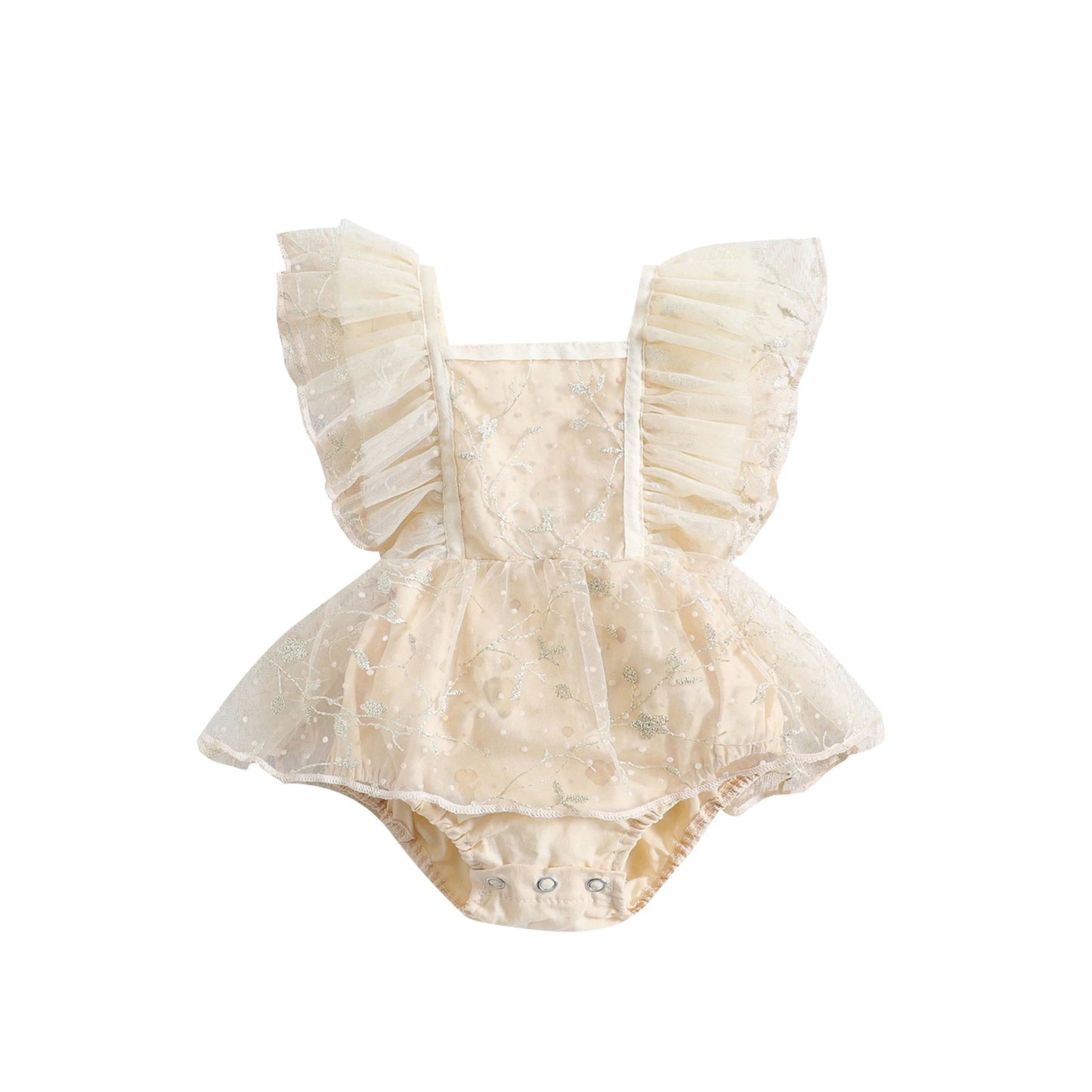 VISgogo Baby Girls Romper Dress Princess Newborn Fly Sleeve Round Neck Mesh Lace Layers Skirt Floral Jumpsuits Birthday Clothes