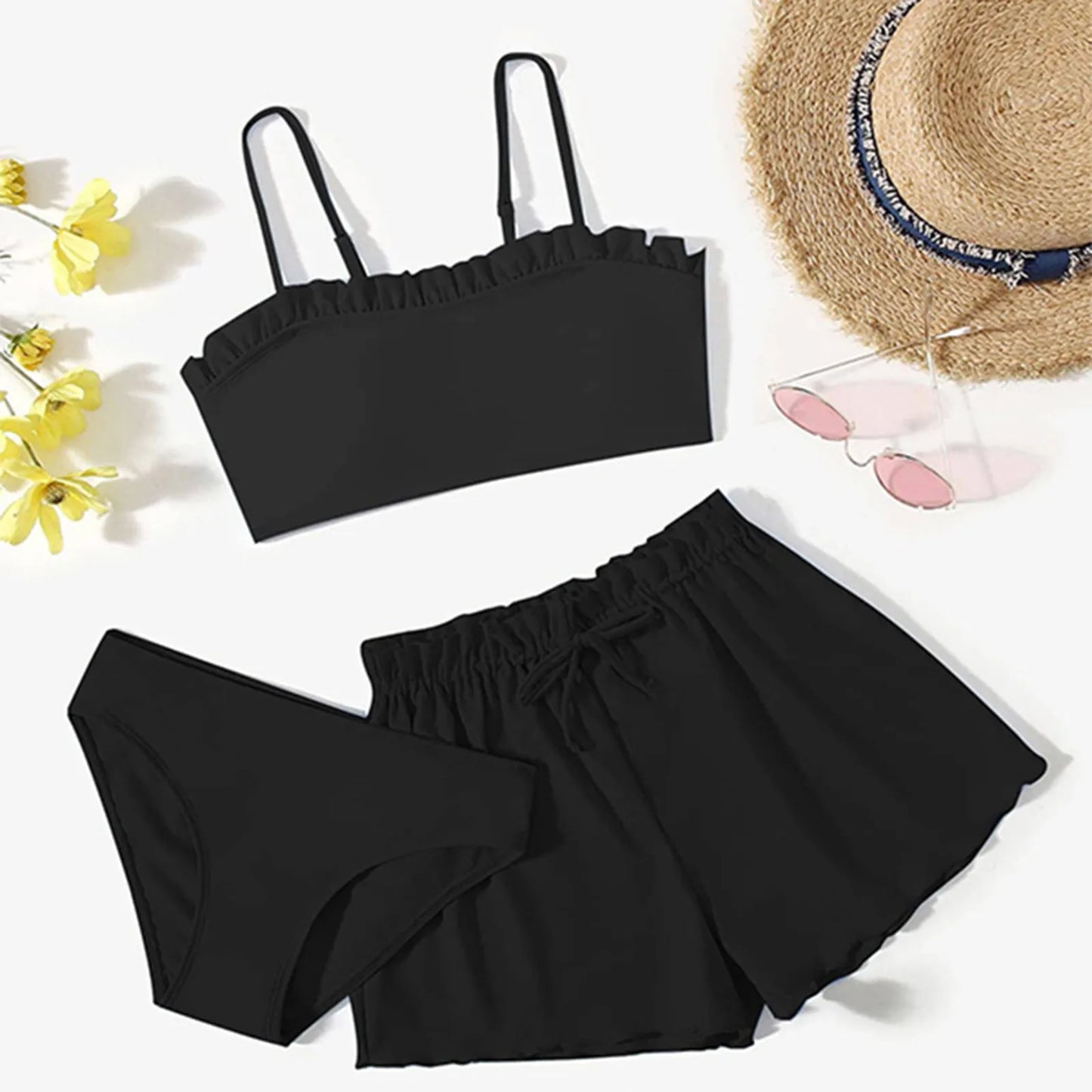 Swimsuit For Girls 2024 Toddler Girl'S 3 Piece Swimsuits Solid Color Rullfe Bathing Suit Beach Swimwear Set Girls Bikinis