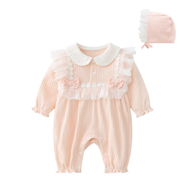 Ruffles Lace Newborn Baby Girl Clothes Long Sleeve Princess Jumpsuit Spring Infant Girls Rompers + Hats