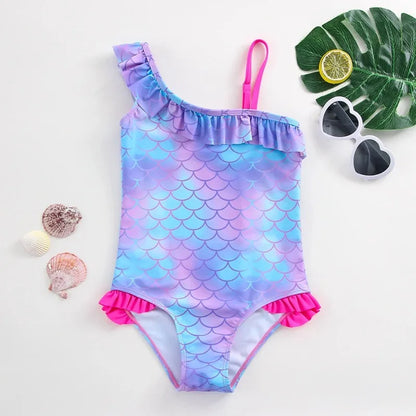 Baby Girl Fish Scale Print Swimsuit One-Piece Backless Swimwear Floral Zipper Ruffle Toddler Bathing Suit Beach Outfit 2-8Years