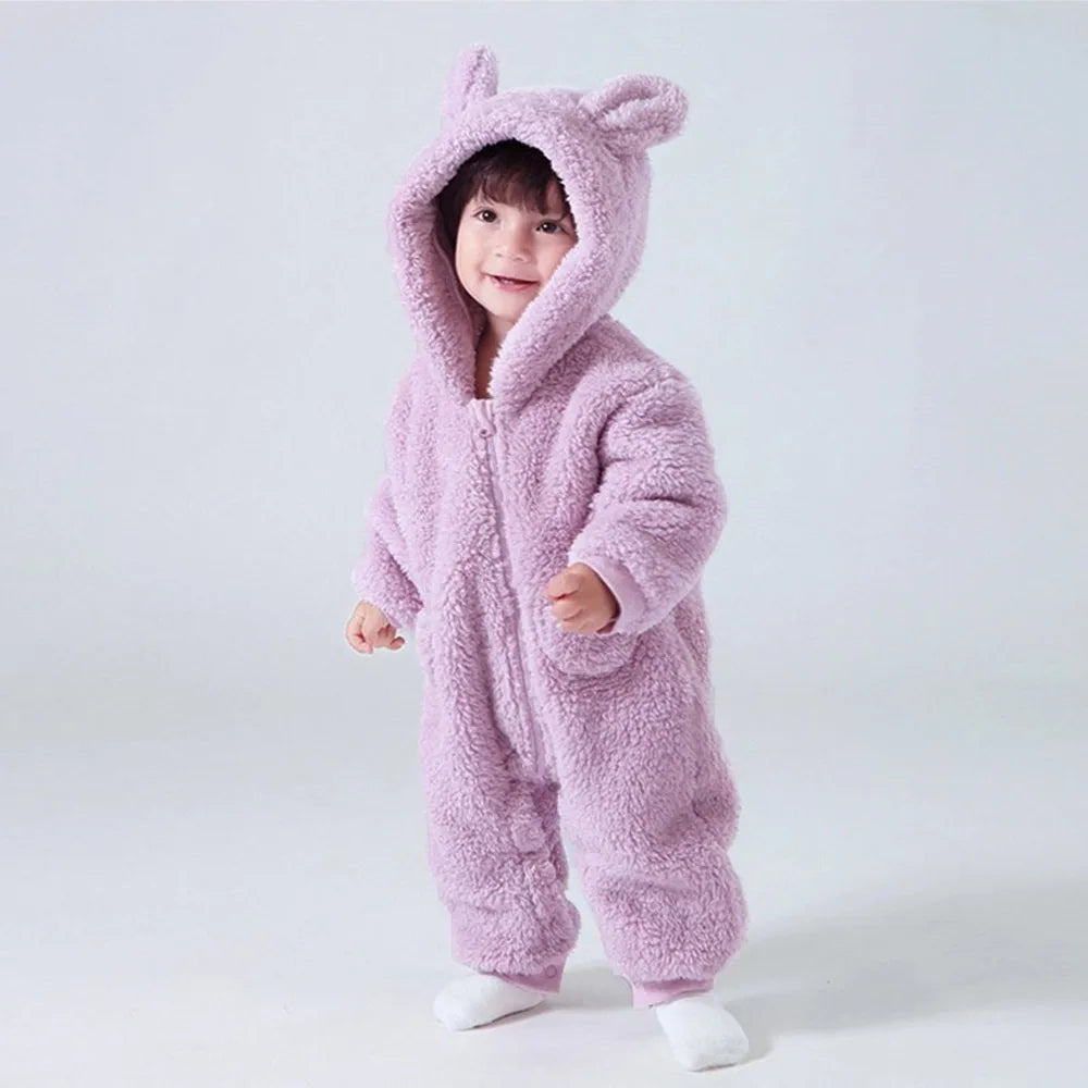 1-24M Newborn Baby Rompers Cute Fleece Infant Boy Girls Overalls Toddler Hooded Pajamas