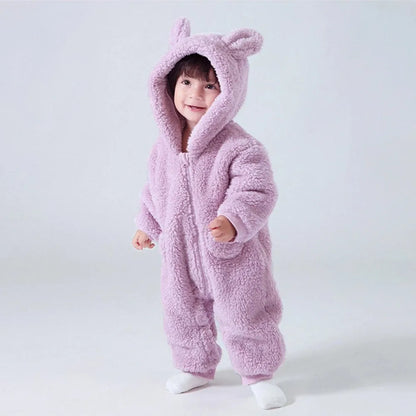1-24M Newborn Baby Rompers Cute Fleece Infant Boy Girls Overalls Toddler Hooded Pajamas