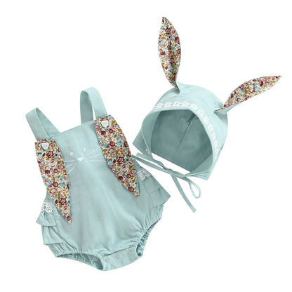 Citgeett Summer Easter Infant Baby Girls Casual Bodysuit Sleeveless Floral Print Bunny Playsuit Cartoon Hat Clothes