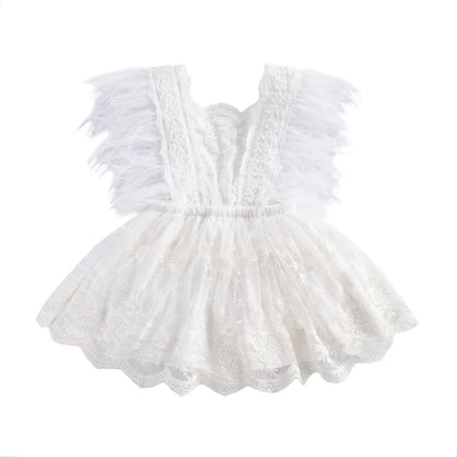 VISgogo Baby Girls Romper Dress Princess Newborn Fly Sleeve Round Neck Mesh Lace Layers Skirt Floral Jumpsuits Birthday Clothes