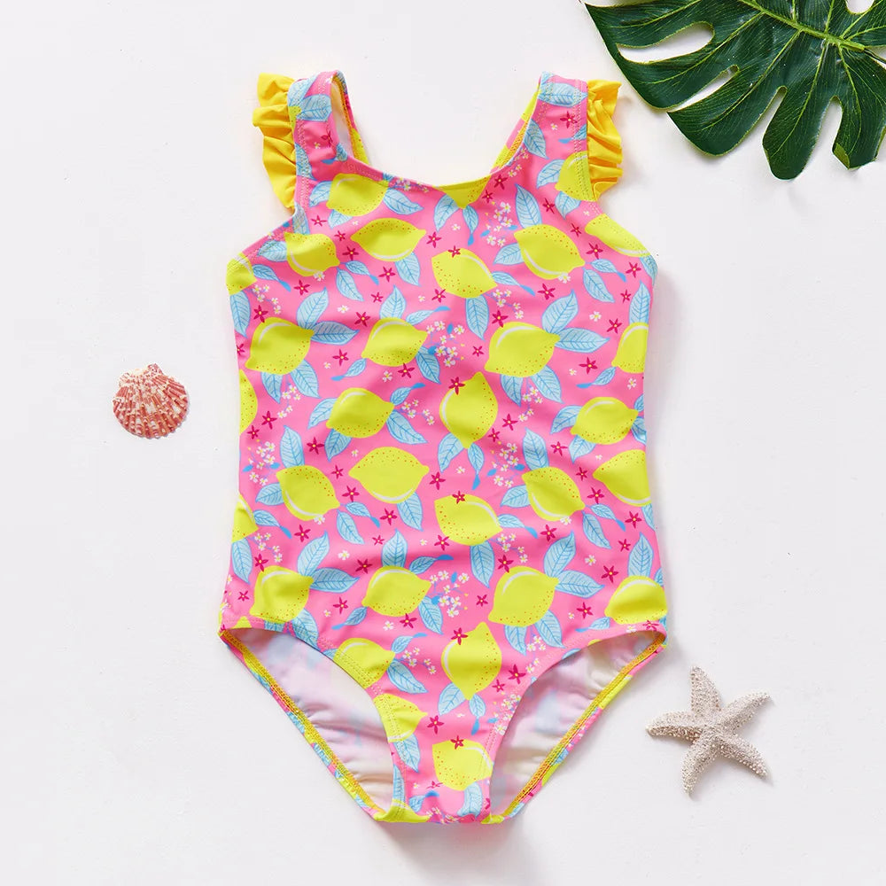 Baby Girl Fish Scale Print Swimsuit One-Piece Backless Swimwear Floral Zipper Ruffle Toddler Bathing Suit Beach Outfit 2-8Years