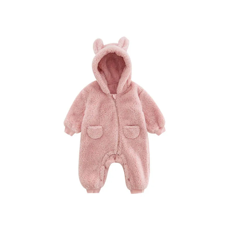 1-24M Newborn Baby Rompers Cute Fleece Infant Boy Girls Overalls Toddler Hooded Pajamas