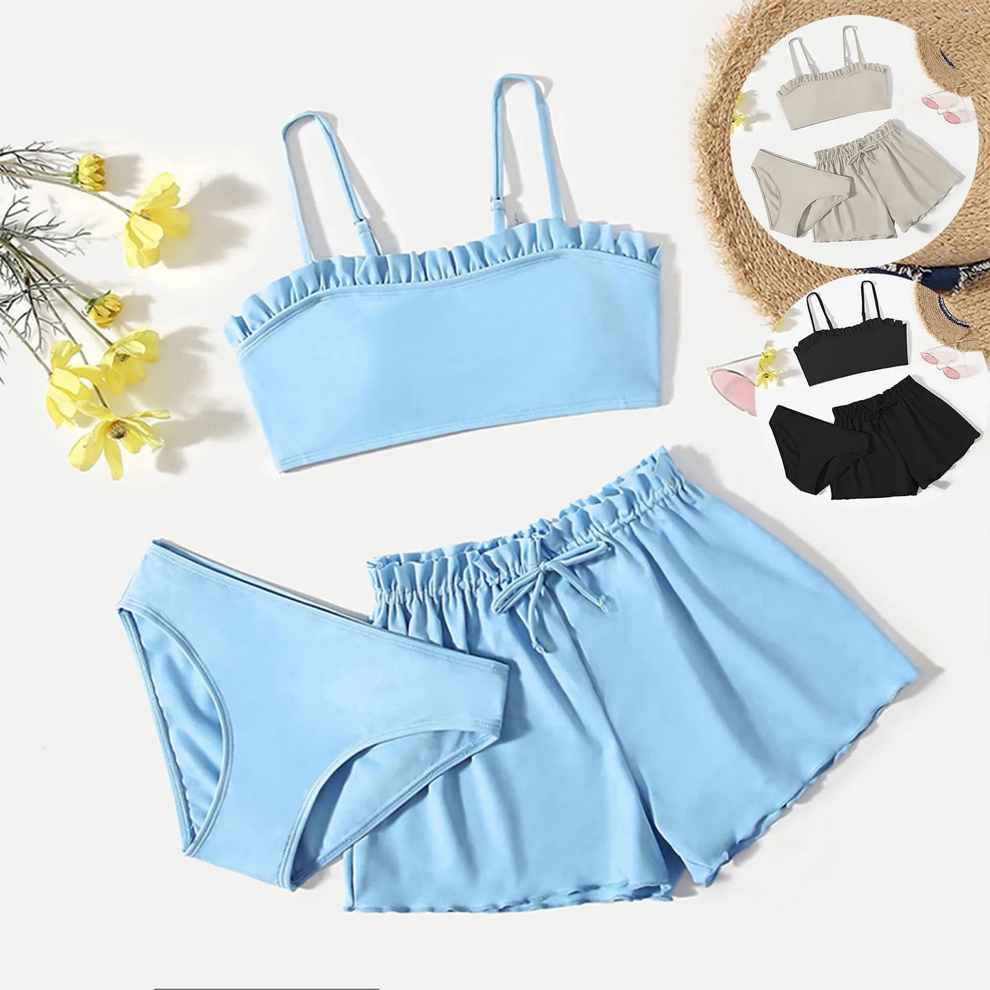 Swimsuit For Girls 2024 Toddler Girl'S 3 Piece Swimsuits Solid Color Rullfe Bathing Suit Beach Swimwear Set Girls Bikinis