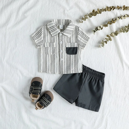 2025 Baby Summer Short Sleeve Boys Clothing Turn Down Collar Striped Shirt With Pocket  Shorts Boys 2 Pcs Streetwear Clothes Set
