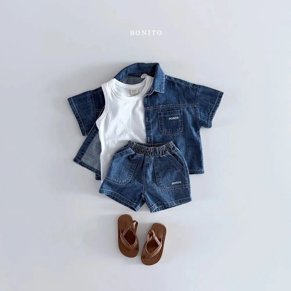 2025 Summer New Baby Short Sleeve Denim Clothes Set Infant Girl Denim Shirts + Shorts 2pcs Suit Cute Toddler Boys Outfits