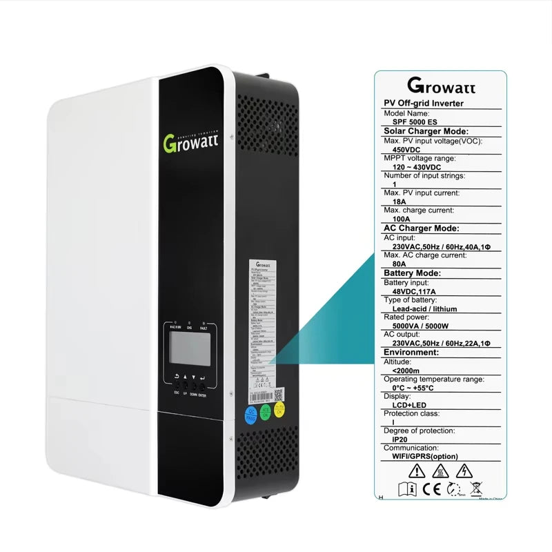 Growatt 5KW OFF Grid Inverter Single Phase 48V 230V 5Kw Pure Sine Wave Grid Compatible With Wifi Hybrid Inverter SPF 5000ES