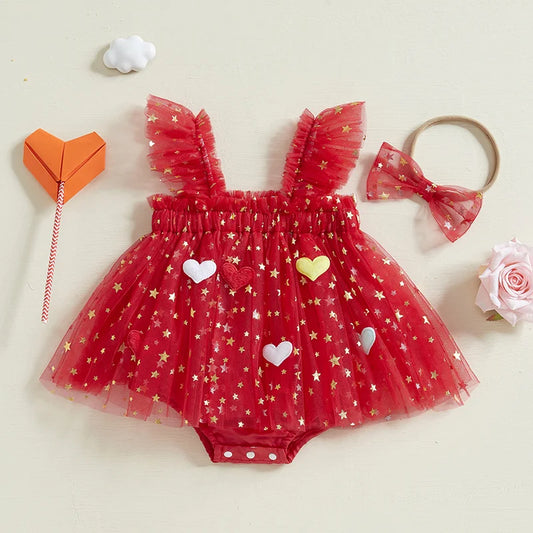 Infant Baby Girl Valentine's Day Outfit Star Heart Flower Red Green Tutu Dress Romper Newborn Festival Clothes Dress