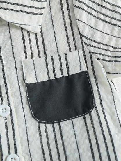 2025 Baby Summer Short Sleeve Boys Clothing Turn Down Collar Striped Shirt With Pocket  Shorts Boys 2 Pcs Streetwear Clothes Set