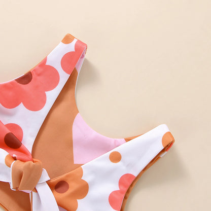 2022-11-24 Lioraitiin 0-4T Infant Girl's Summer Swimsuit Flower & Heart Print V-Neck Front Knotted Vest High Waist Shorts