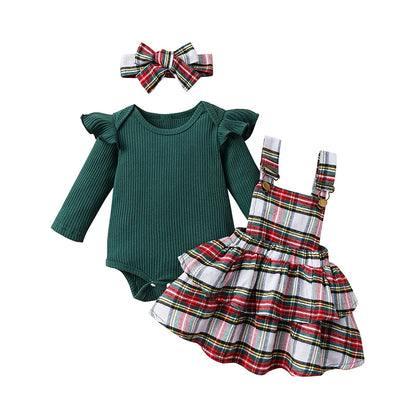 Newborn Baby Girl Christmas Outfit Long Sleeve Romper Suspender Skirt Set Overall Dress with Headband