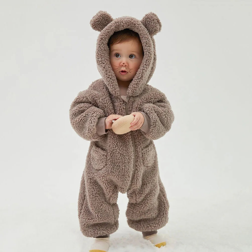 1-24M Newborn Baby Rompers Cute Fleece Infant Boy Girls Overalls Toddler Hooded Pajamas