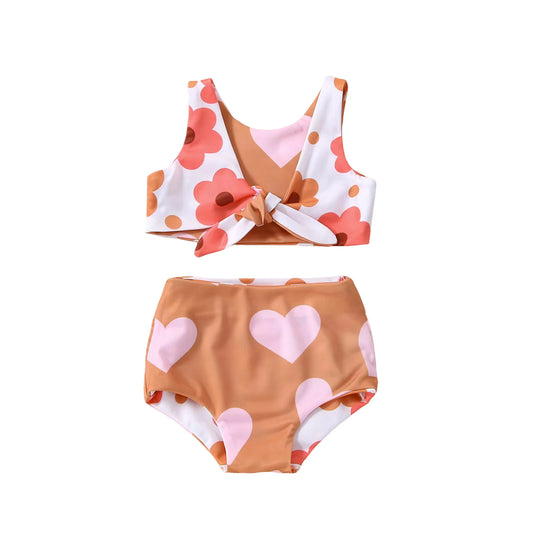 2022-11-24 Lioraitiin 0-4T Infant Girl's Summer Swimsuit Flower & Heart Print V-Neck Front Knotted Vest High Waist Shorts