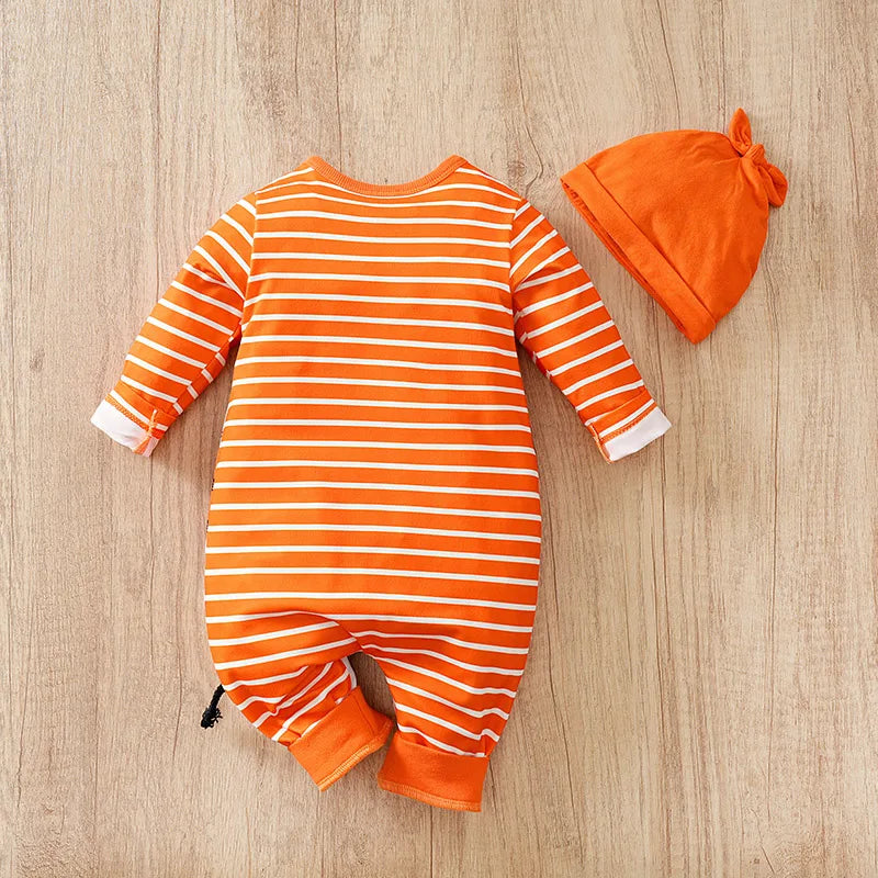 Baby cartoon lion pattern casual striped long sleeve onesie, comfortable onesie hat for toddlers and baby boys
