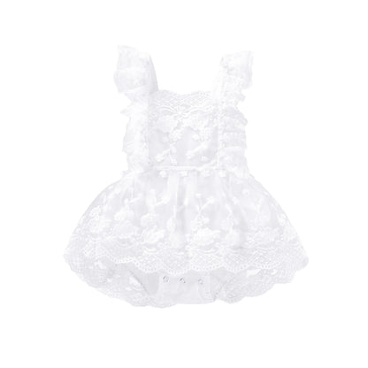 VISgogo Baby Girls Romper Dress Princess Newborn Fly Sleeve Round Neck Mesh Lace Layers Skirt Floral Jumpsuits Birthday Clothes