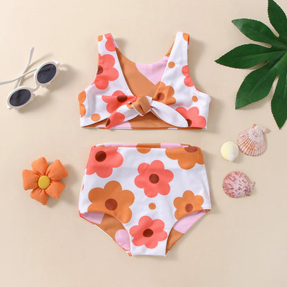 2022-11-24 Lioraitiin 0-4T Infant Girl's Summer Swimsuit Flower & Heart Print V-Neck Front Knotted Vest High Waist Shorts