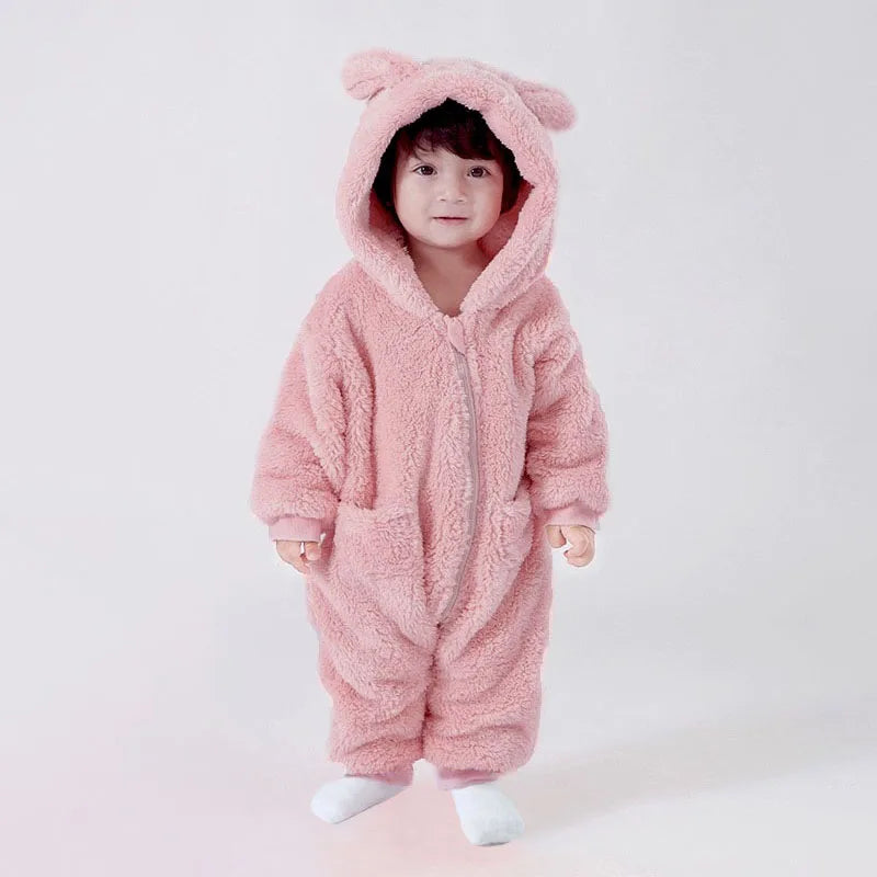 1-24M Newborn Baby Rompers Cute Fleece Infant Boy Girls Overalls Toddler Hooded Pajamas