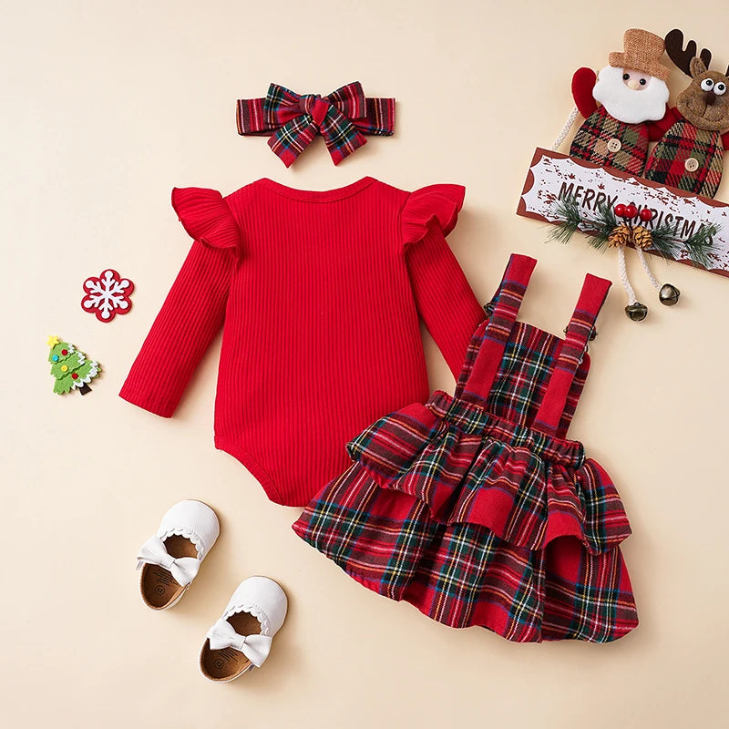 Newborn Baby Girl Christmas Outfit Long Sleeve Romper Suspender Skirt Set Overall Dress with Headband