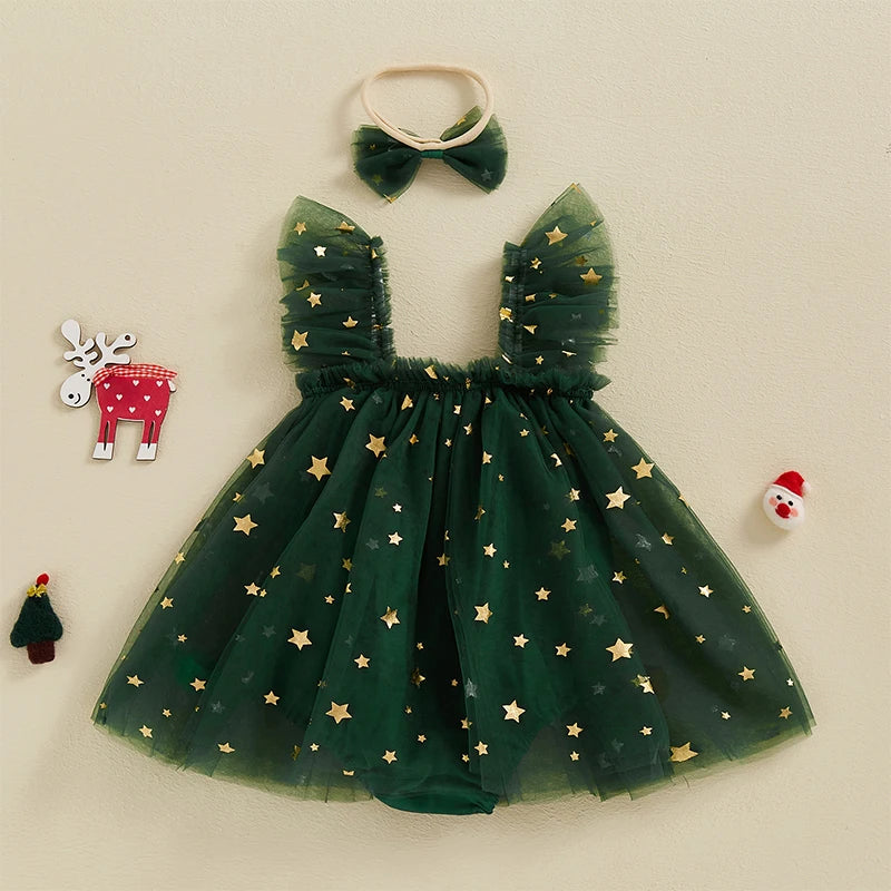 Infant Baby Girl Valentine's Day Outfit Star Heart Flower Red Green Tutu Dress Romper Newborn Festival Clothes Dress