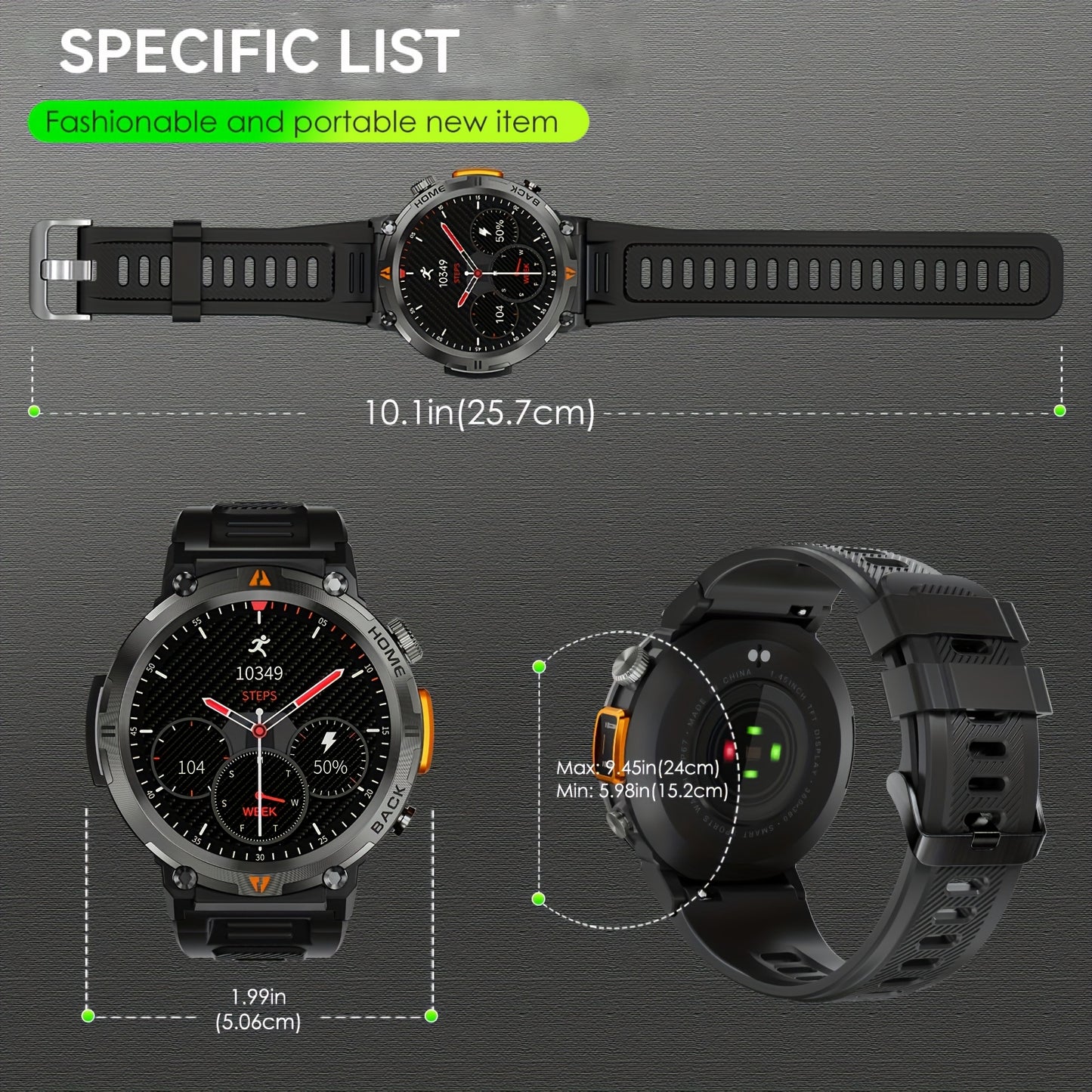 JELLOO Men'S Outdoor Sports Smartwatch with LED Flashlight, Pedometer, Call Answering, Music Control, Battery, 3ATM Waterproof, 360p Display, for iPhone & Android, Christmas Gifts For Boyfriends