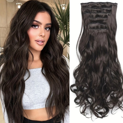 [Heat Resistant Hair Extensions] 6pcs Heat Resistant 22 Inch Body Wave Clip-In Hair Extensions | Double Weft Synthetic Hair for Women - Hair Clips Hair Accessories Halloween Christmas