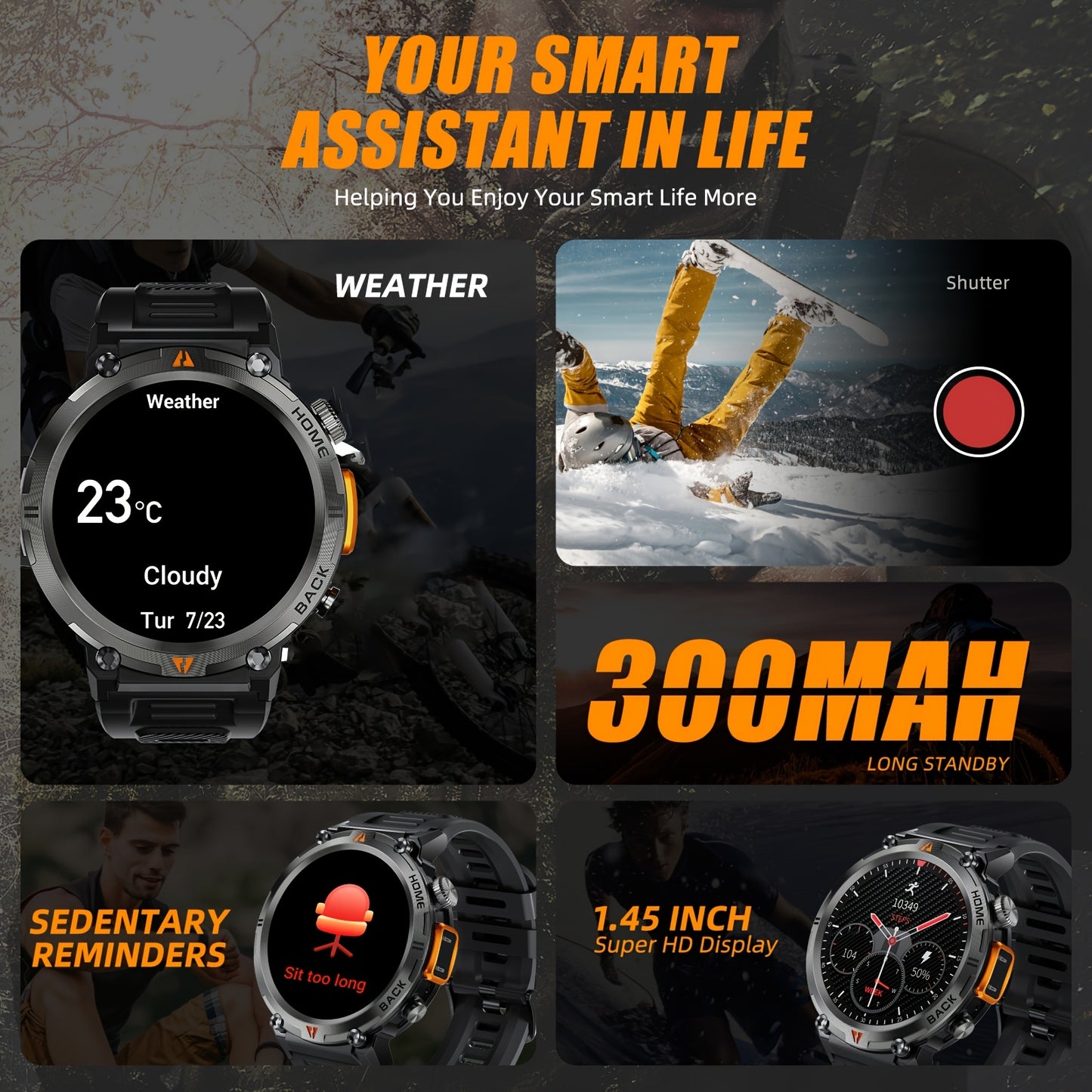 JELLOO Men'S Outdoor Sports Smartwatch with LED Flashlight, Pedometer, Call Answering, Music Control, Battery, 3ATM Waterproof, 360p Display, for iPhone & Android, Christmas Gifts For Boyfriends