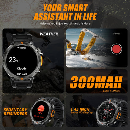 JELLOO Men'S Outdoor Sports Smartwatch with LED Flashlight, Pedometer, Call Answering, Music Control, Battery, 3ATM Waterproof, 360p Display, for iPhone & Android, Christmas Gifts For Boyfriends