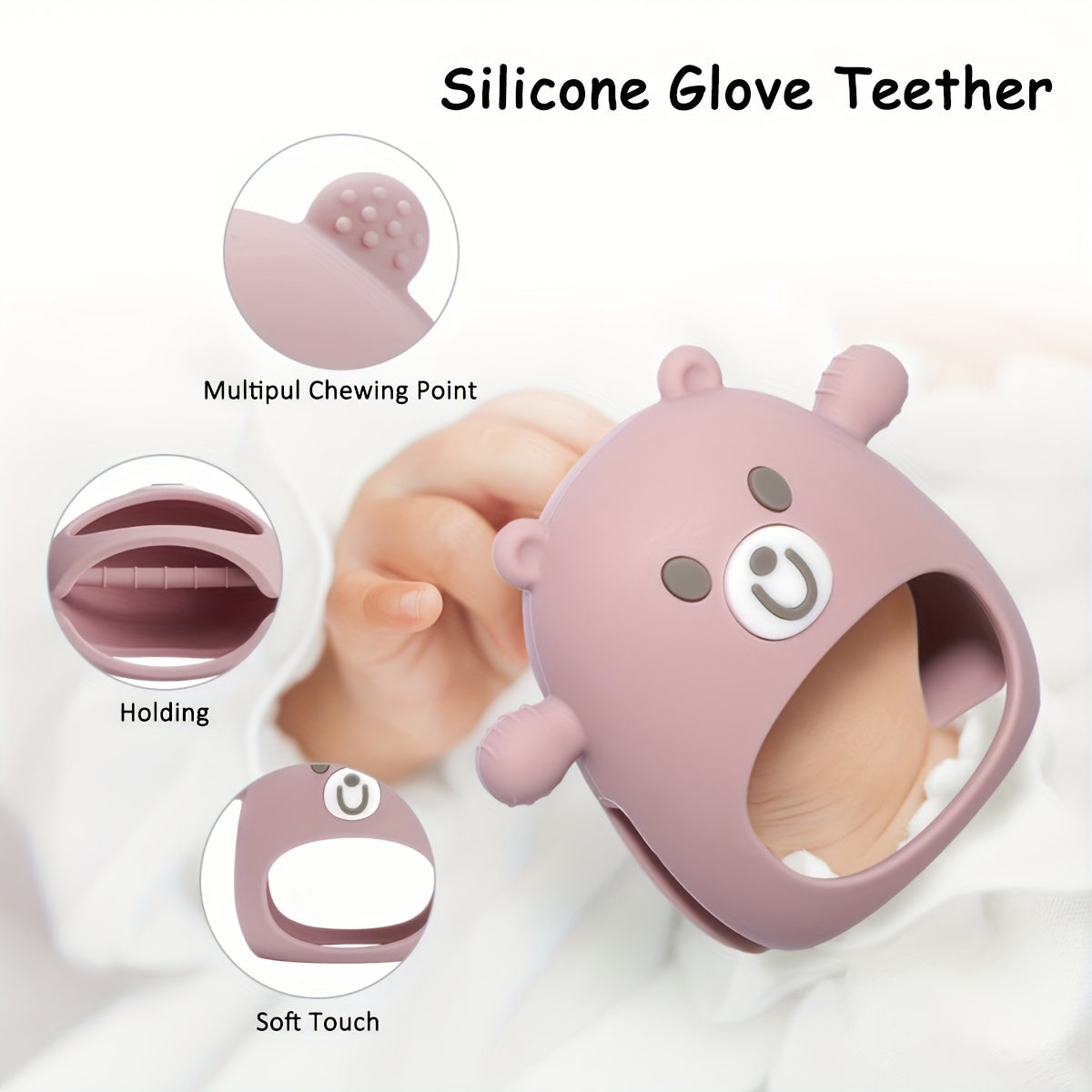 Soft Silicone TYRY.HU Bear Mitten Youngsters Teether - 6M+ Anti-Drop Chew Toy, Safe & Soothing Teething Relief - Cute Cartoon Design in Pink, Green, Blue, Yellow, Perfect Gift for Thanksgiving & Christmas