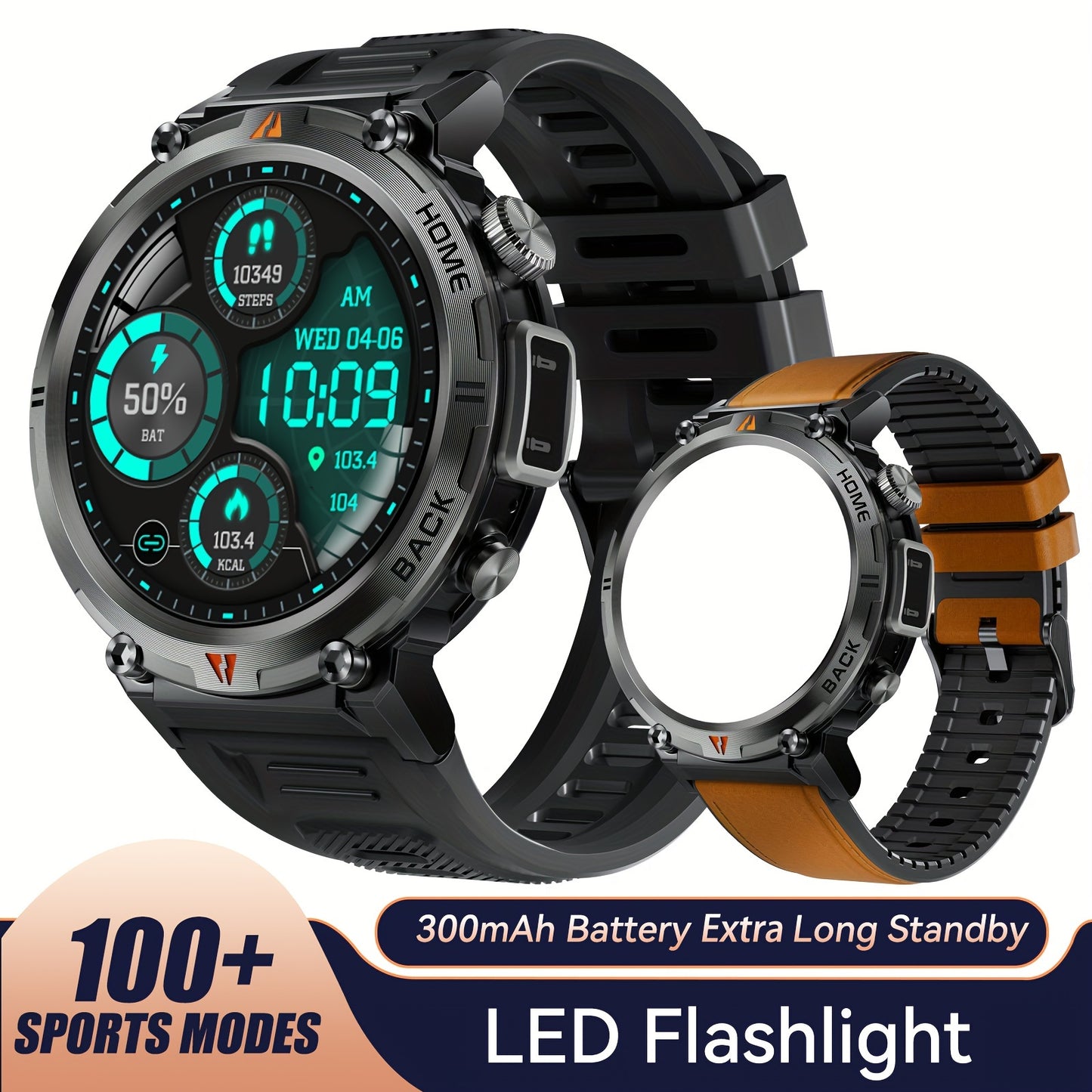 JELLOO Men'S Outdoor Sports Smartwatch with LED Flashlight, Pedometer, Call Answering, Music Control, Battery, 3ATM Waterproof, 360p Display, for iPhone & Android, Christmas Gifts For Boyfriends